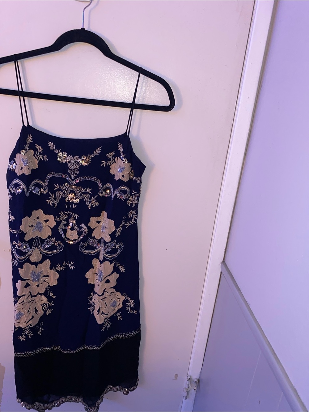Anthropologie Navy Slip Dress with Gold Floral Embroidery